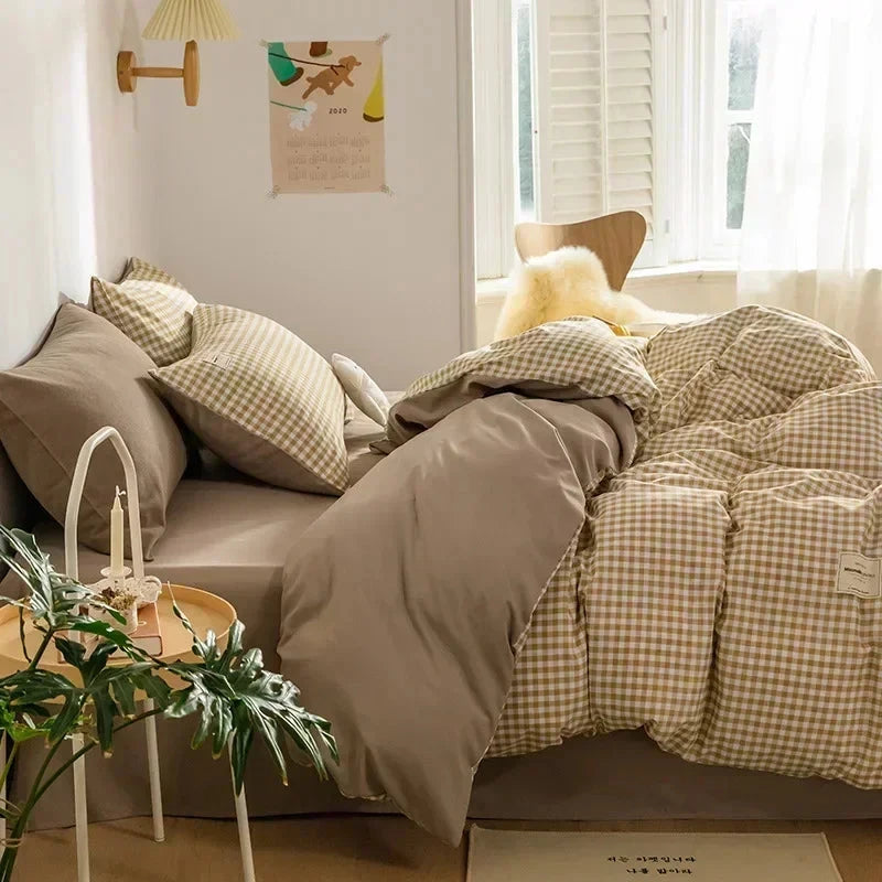 Brown Blue Mustard Mini Checked Bedding Set