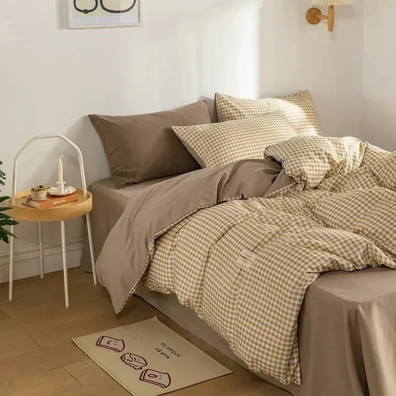 Brown Blue Mustard Mini Checked Bedding Set