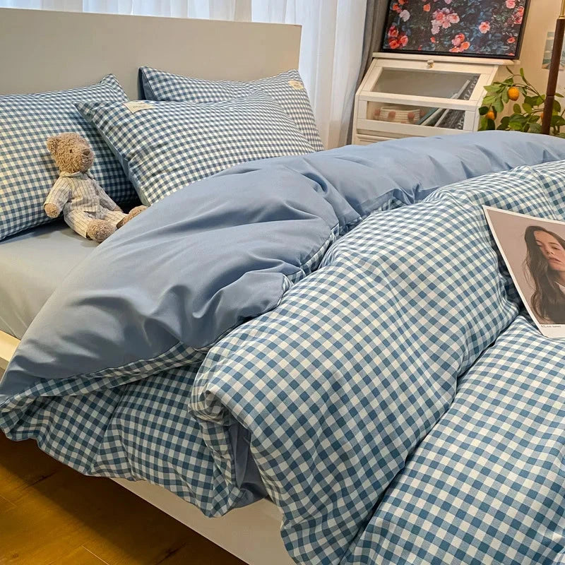 Brown Blue Mustard Mini Checked Bedding Set