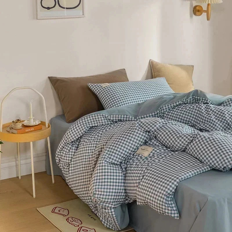 Brown Blue Mustard Mini Checked Bedding Set