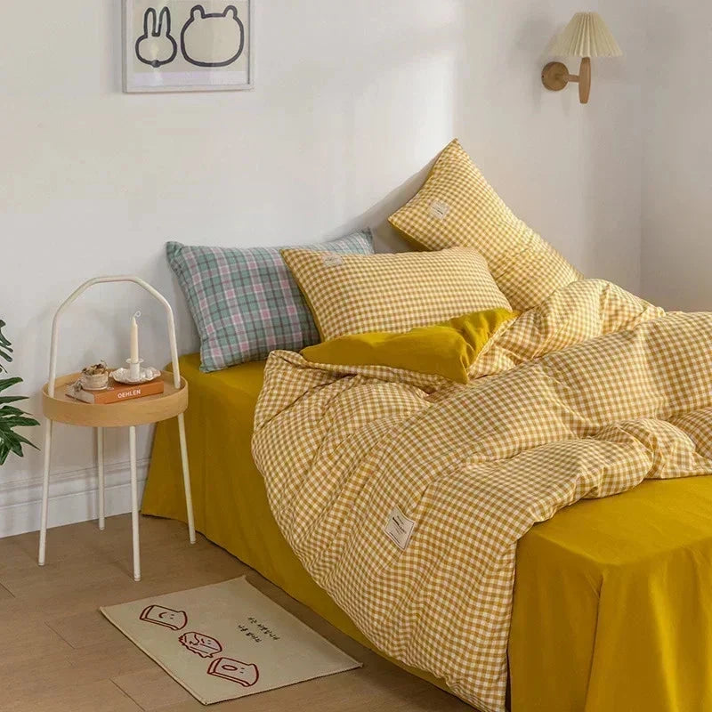 Brown Blue Mustard Mini Checked Bedding Set