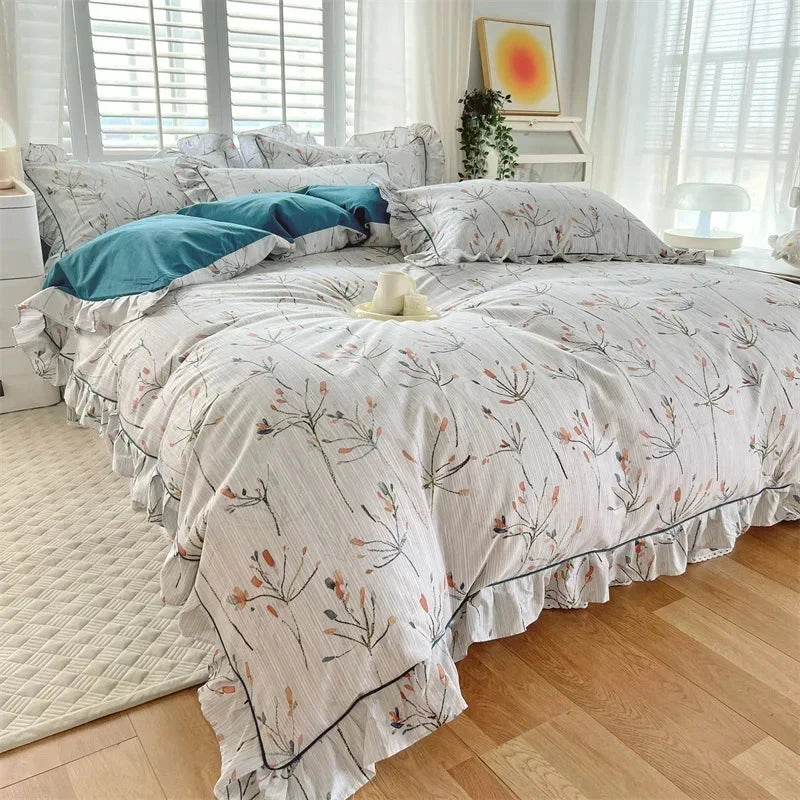 Floral White Blue Ruffles 100% Cotton 3pc Bedding Set