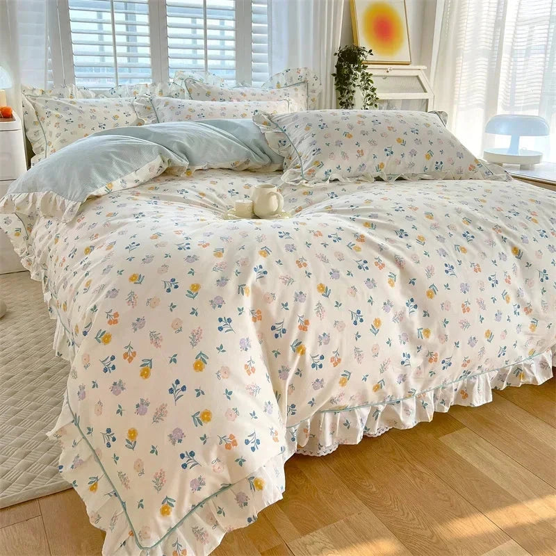 Floral White Blue Ruffles 100% Cotton 3pc Bedding Set