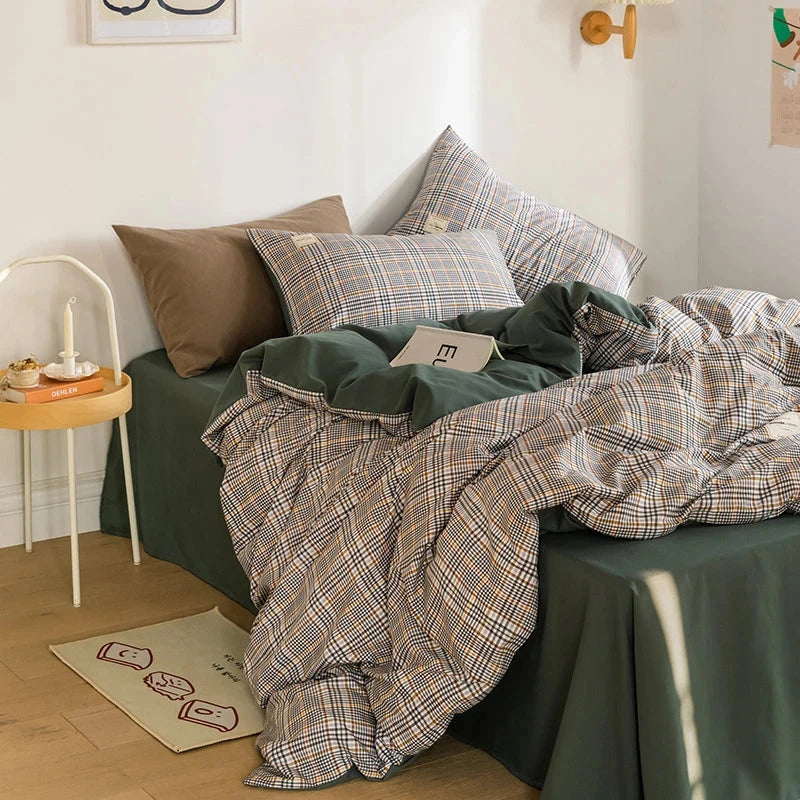 Green Two-Tone Checked Plaid Bedding Set