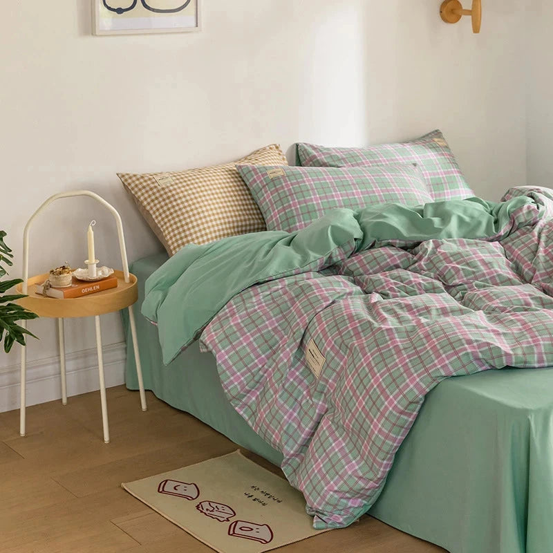 Green Two-Tone Checked Plaid Bedding Set