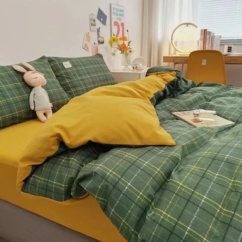 Green Two-Tone Checked Plaid Bedding Set