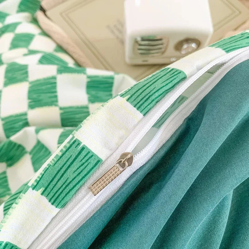 Pastel Green Checked Plaid Bedding Set