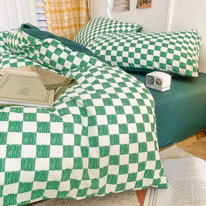 Pastel Green Checked Plaid Bedding Set