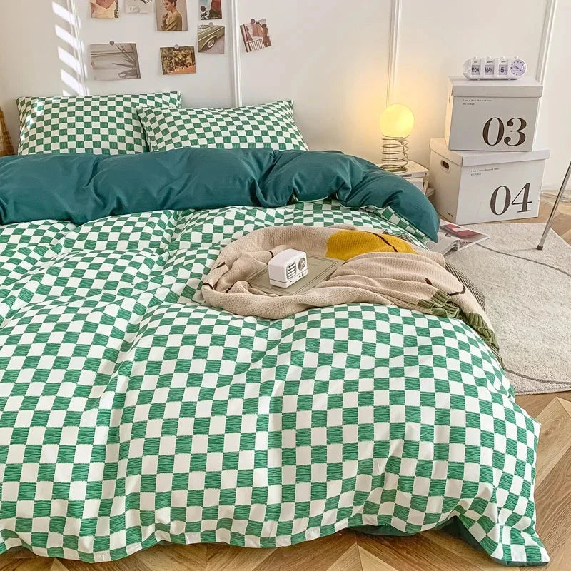 Pastel Green Checked Plaid Bedding Set