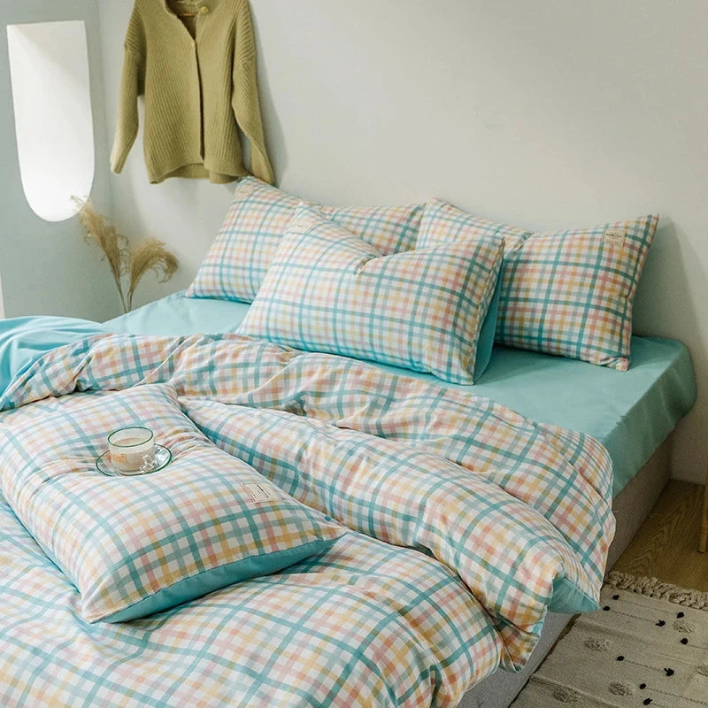 Pastel Green Checked Plaid Bedding Set