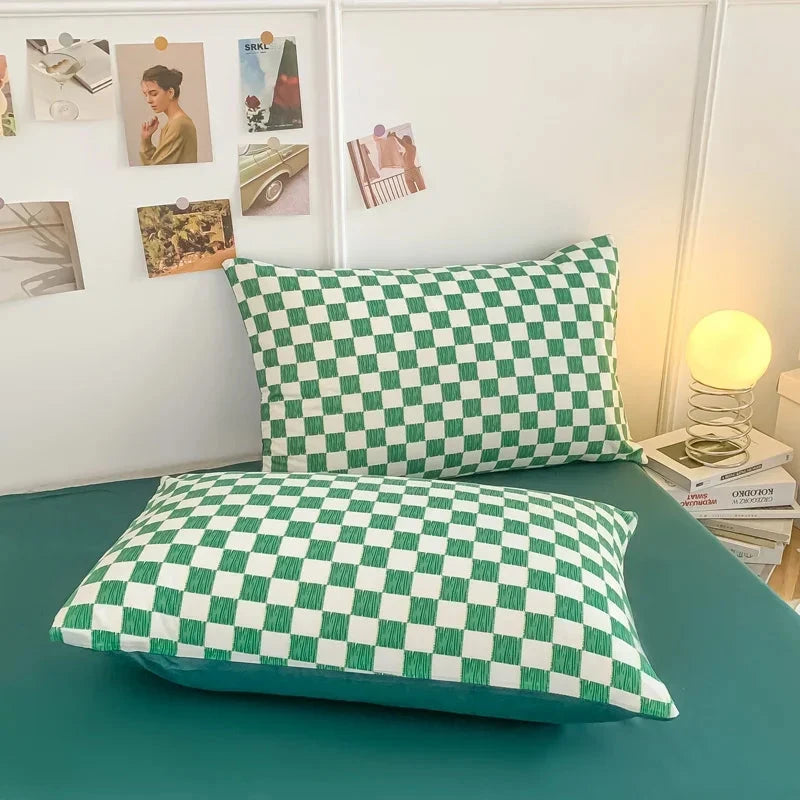 Pastel Green Checked Plaid Bedding Set