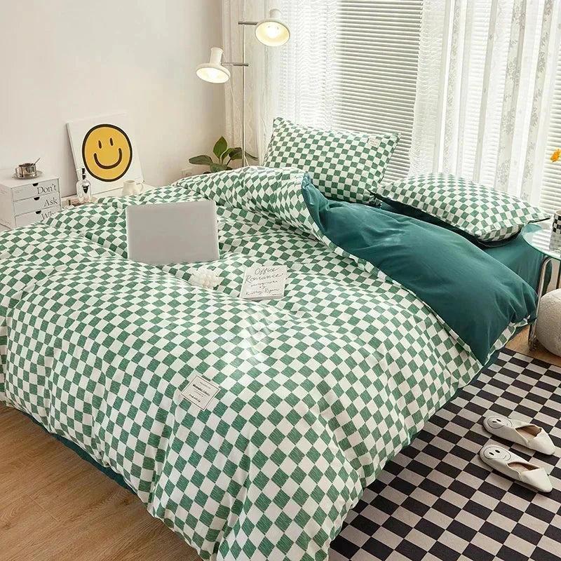 Pastel Green Checked Plaid Bedding Set
