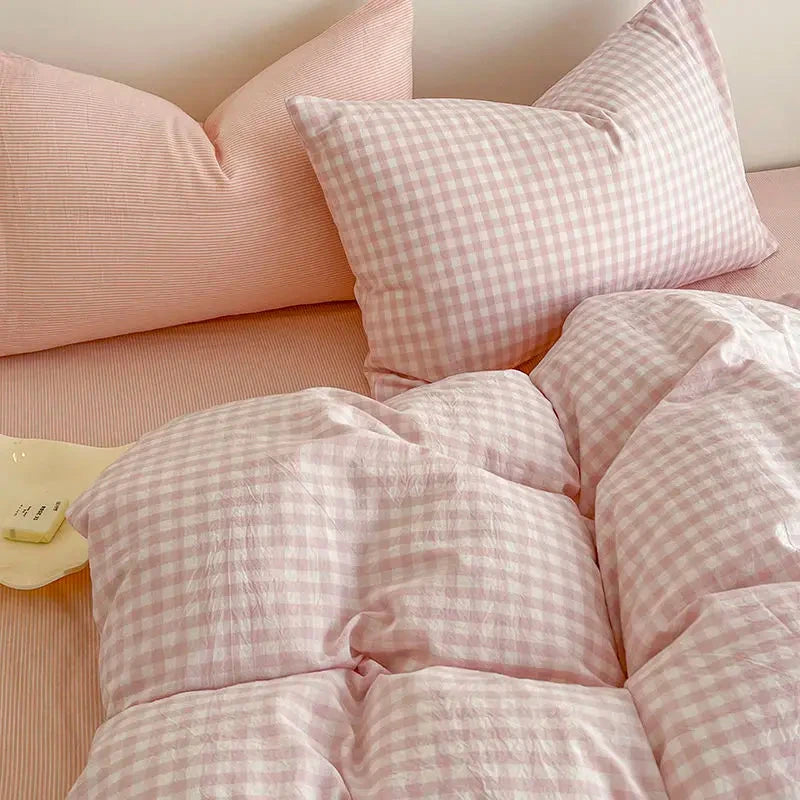 Pastel Pink Blue Gray Checkered Polyester Bedding Set with Bed Sheet
