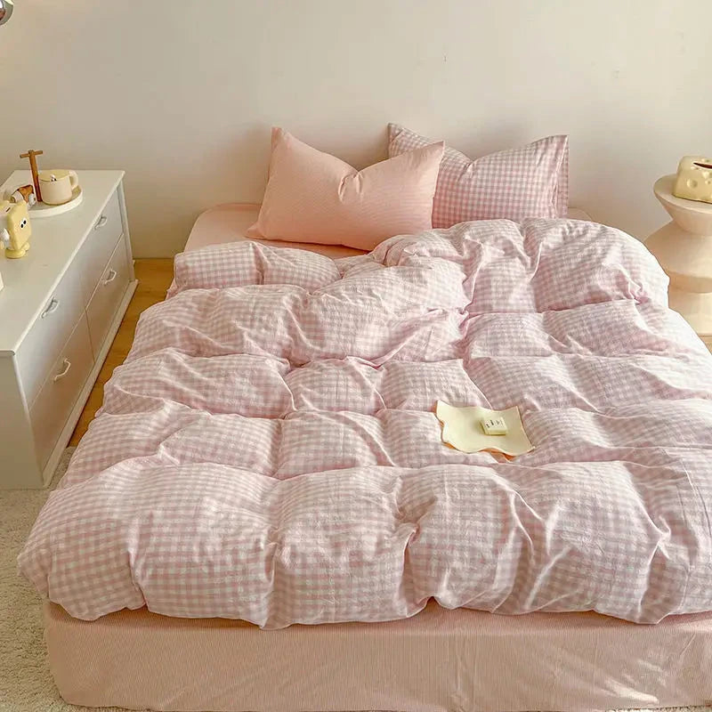 Pastel Pink Blue Gray Checkered Polyester Bedding Set with Bed Sheet