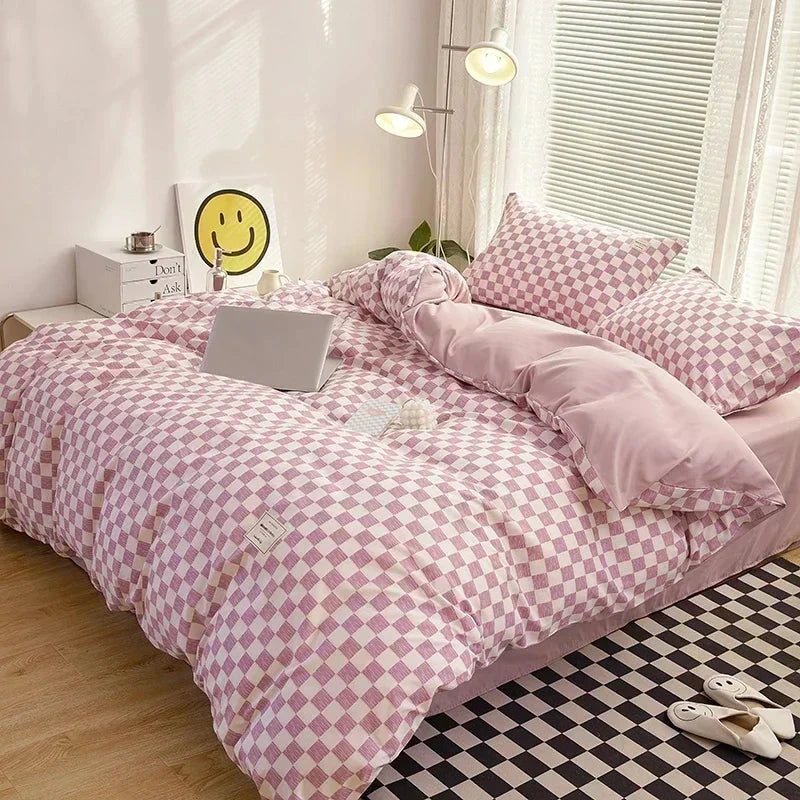 Pastel Pink Purple Checked Plaid Bedding Set