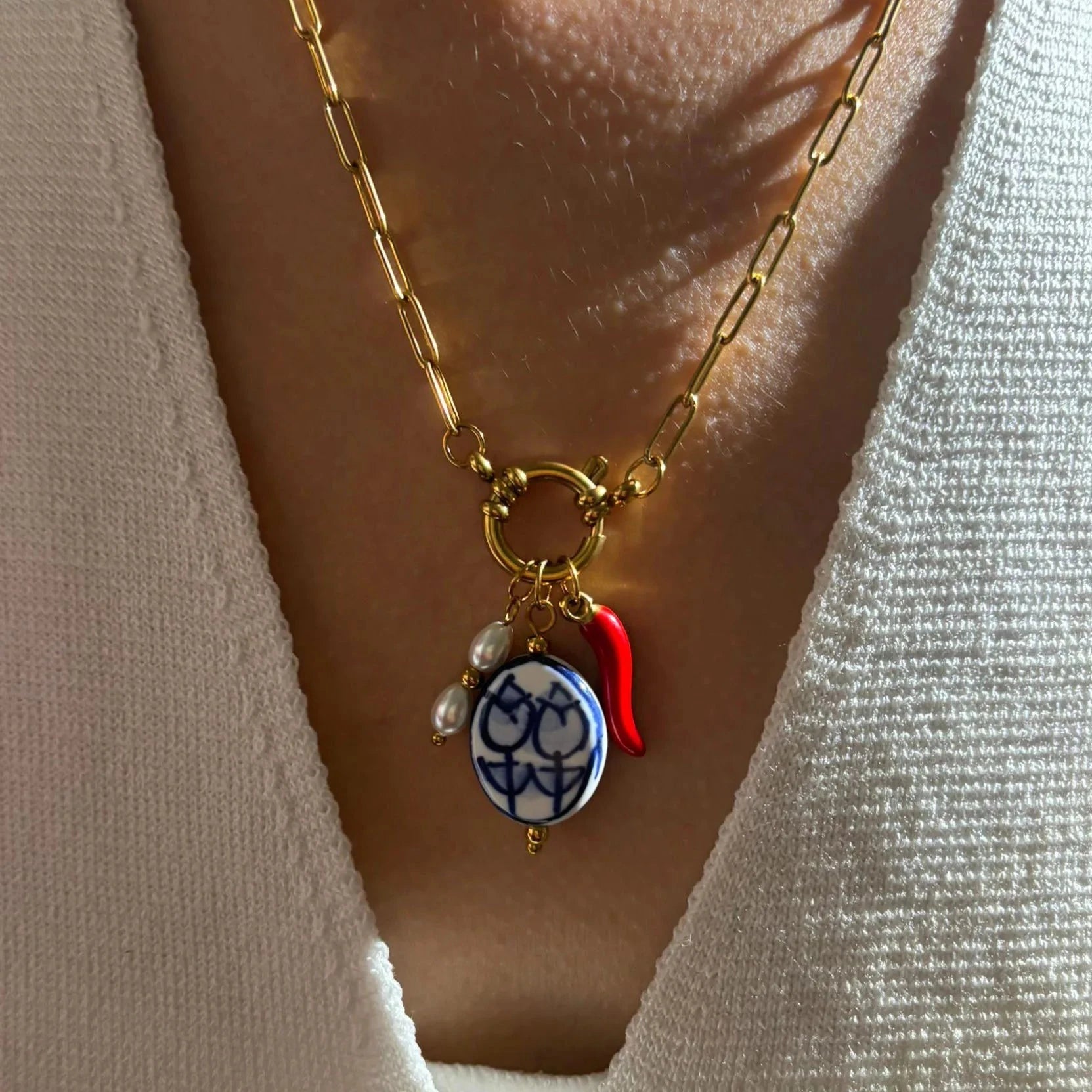 Spice Pearl Porcelain Charm Necklace