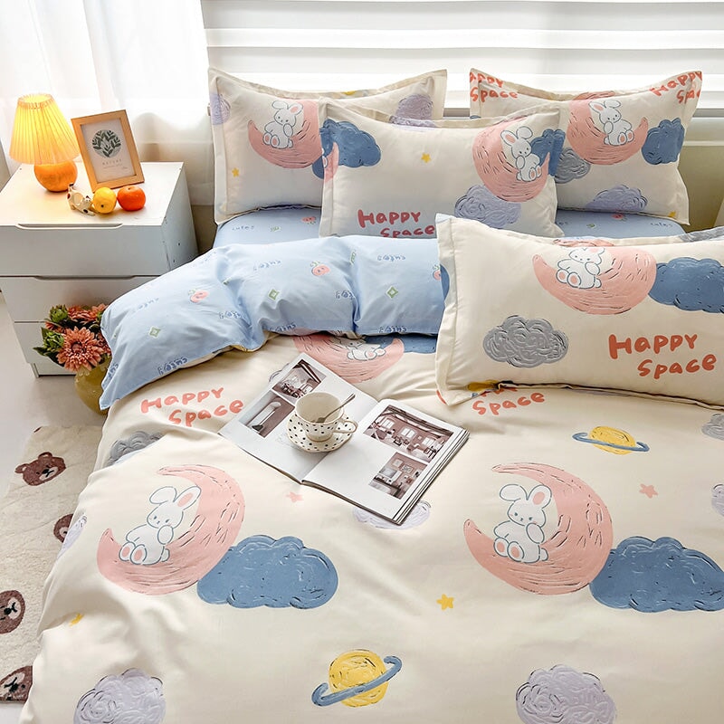 White Bunny Space Moon Bedding Set