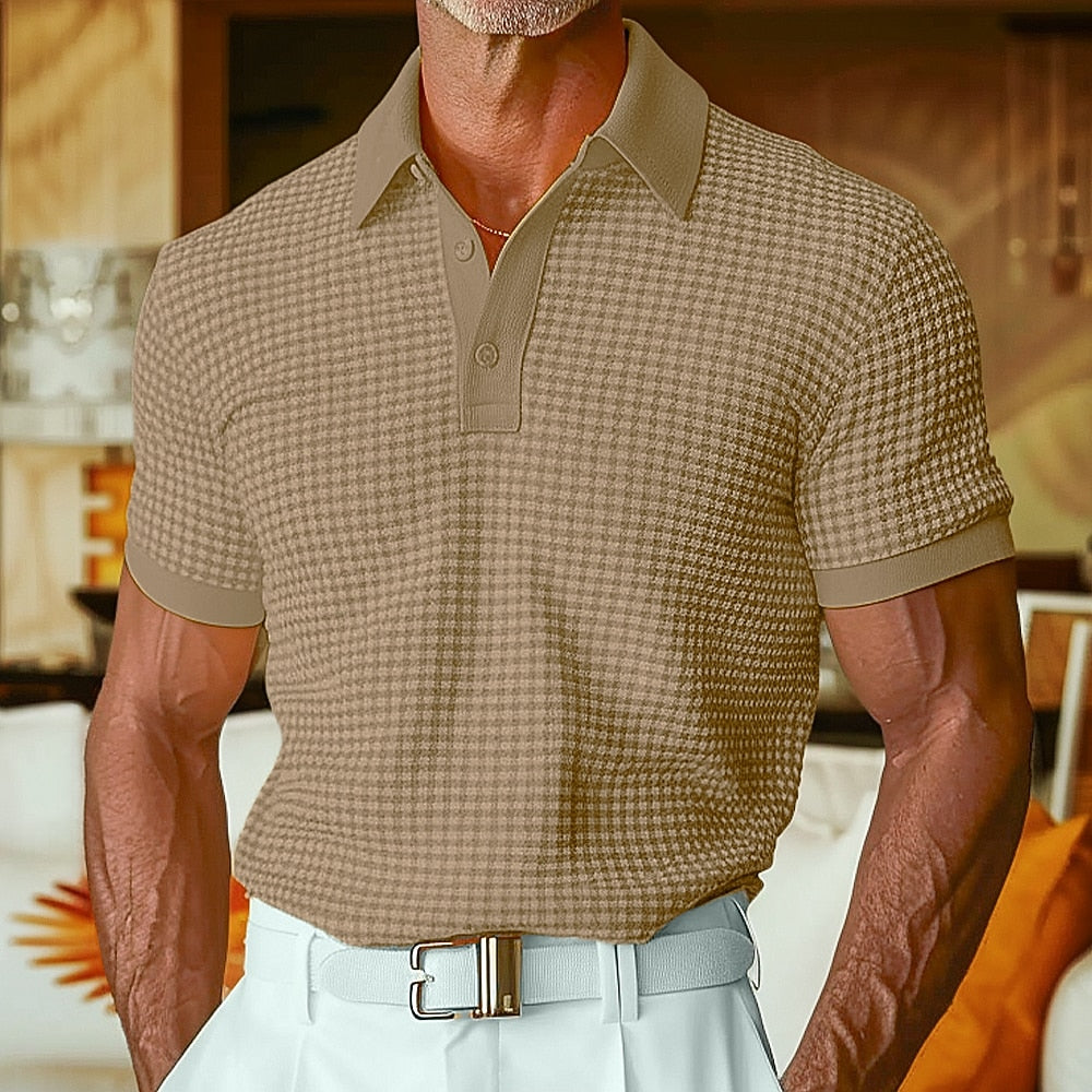 Textured Waffle Polo-Soft Summer Lapel Collar Shirt - khaki 3XL