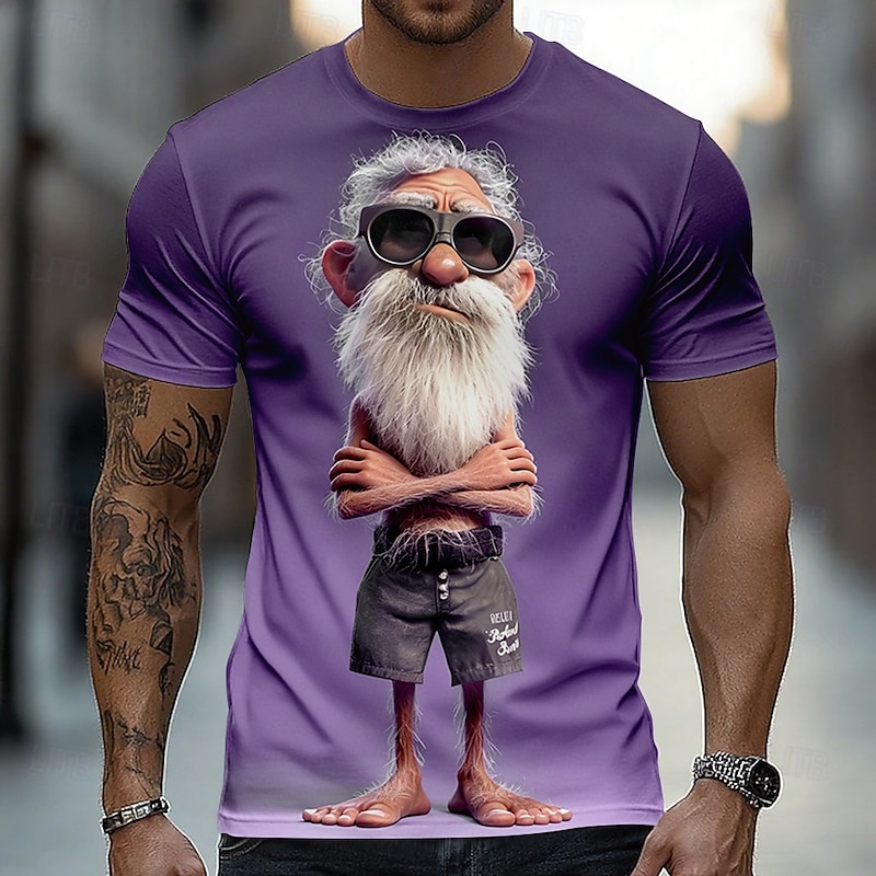 Funny 3D Graphic Cool Old Man with White Beard & Sunglasses Men's Teal T-Shirt - Quirky Grandpa Caricature Design Short Sleeve Crew Neck Summer Beach Holiday Tee - Unique Father's Day Gift Apparel