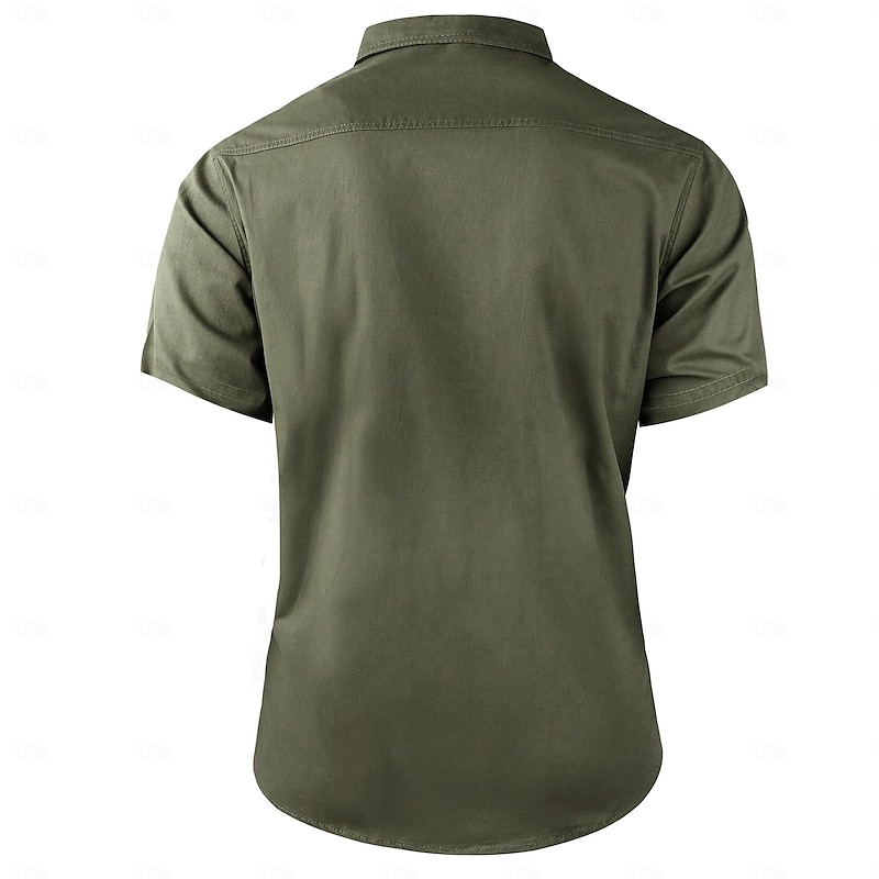 Men's Solid Color Work Shirt - Short Sleeve Cargo Casual