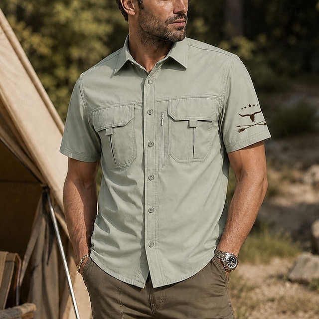 Men's American US Flag Eagle Fishing Shirts Cargo Shirt Utility Shirt Short Sleeve Patriotic Outdoor Holiday Spring & Summer Shirt Collar Quick Dry Mesh Black Light Green Army Green Navy Blue Brown
  ... - Light Green M