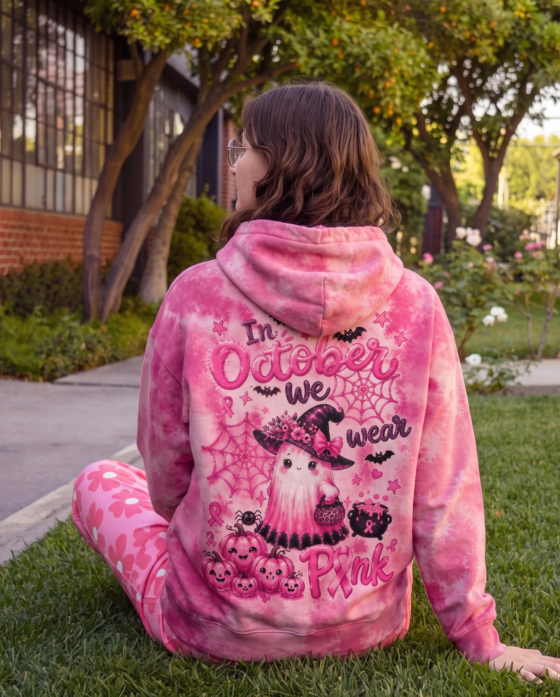 IN OCTOBER WE WEAR PINK WITCHY GHOST ALL OVER PRINT - KMTM2107261
