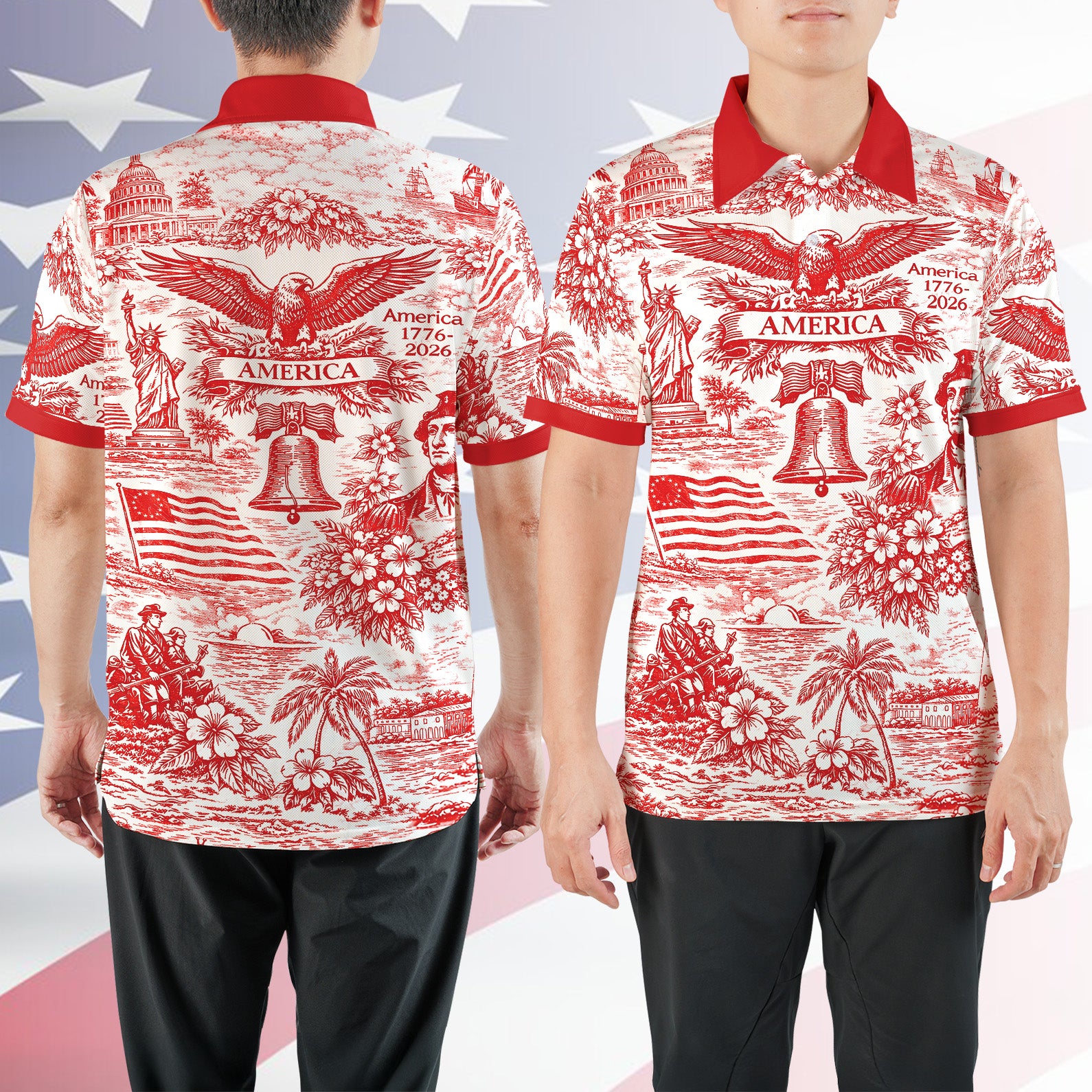 250 Years of America 1776-2026 Polo Shirt, Vintage Patriotic All-Over Print Polo, 4th of July USA Shirt