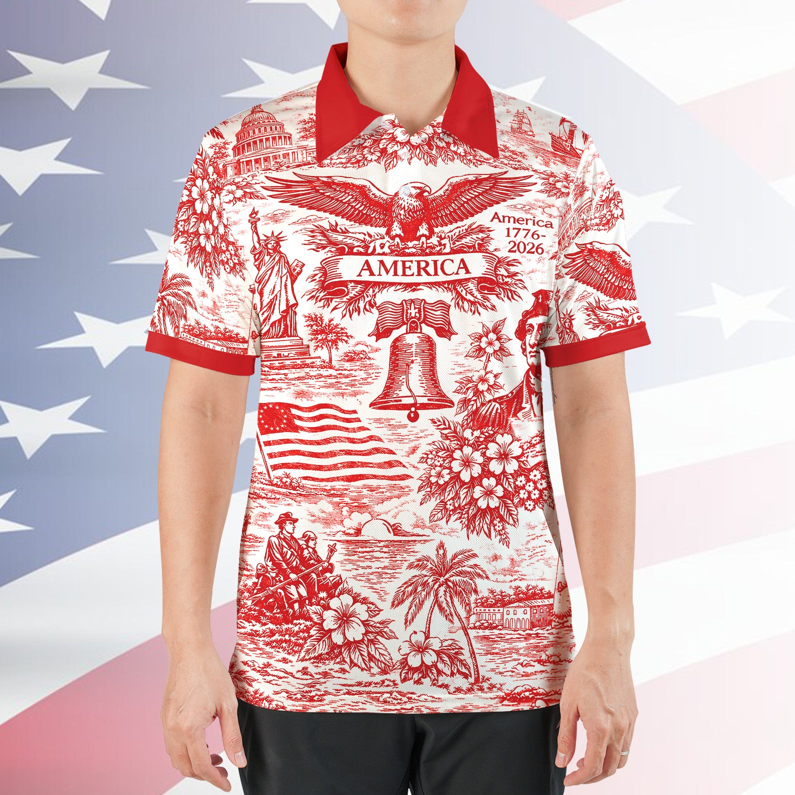 250 Years of America 1776-2026 Polo Shirt, Vintage Patriotic All-Over Print Polo, 4th of July USA Shirt