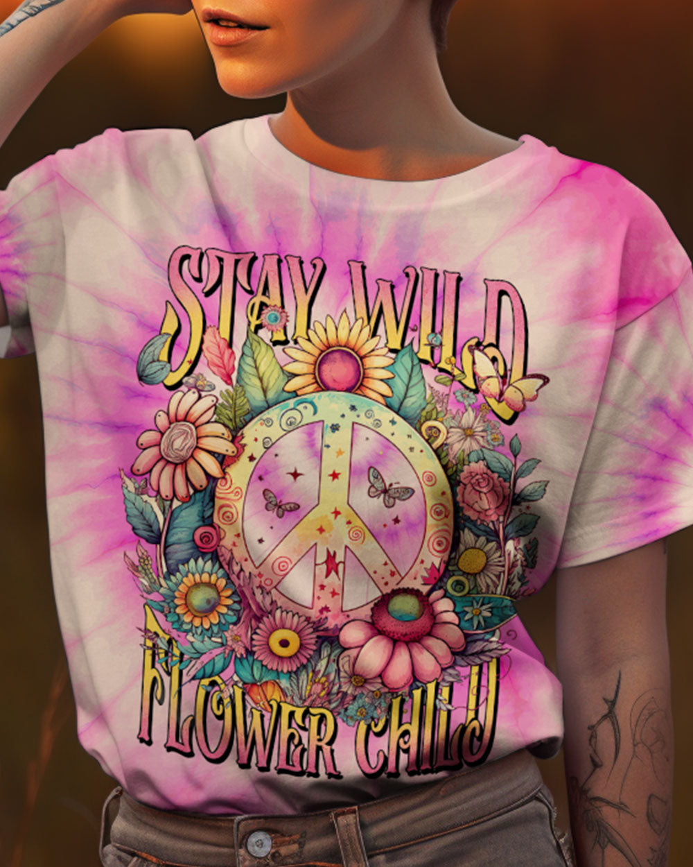 STAY WILD FLOWER CHILD PINK TIE DYE ALL OVER PRINT - TYTM0304231