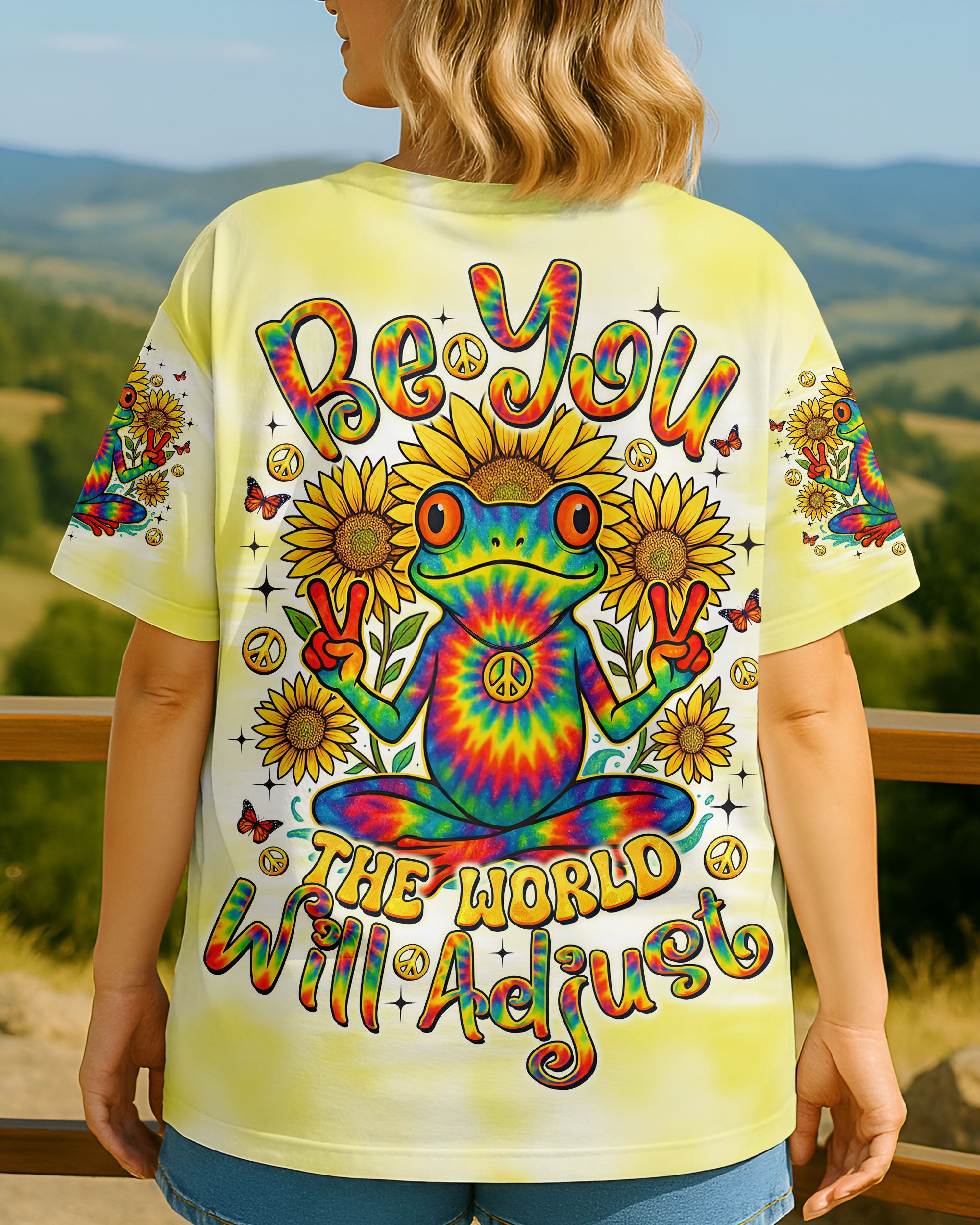BE YOU THE WORLD WILL ADJUST FROG SUNFLOWER ALL OVER PRINT - TLNO3107252