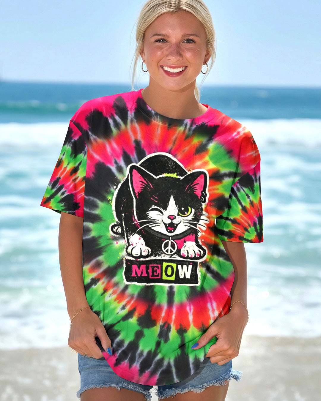 CAT MEOW PINK GREEN SWIRL ALL OVER PRINT - YHHG2901261