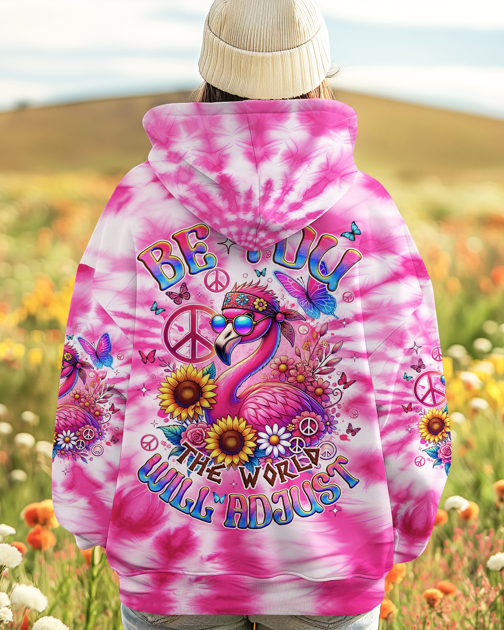 BE YOU THE WORLD WILL ADJUST FLAMINGO TIE DYE ALL OVER PRINT - TYQY0802254