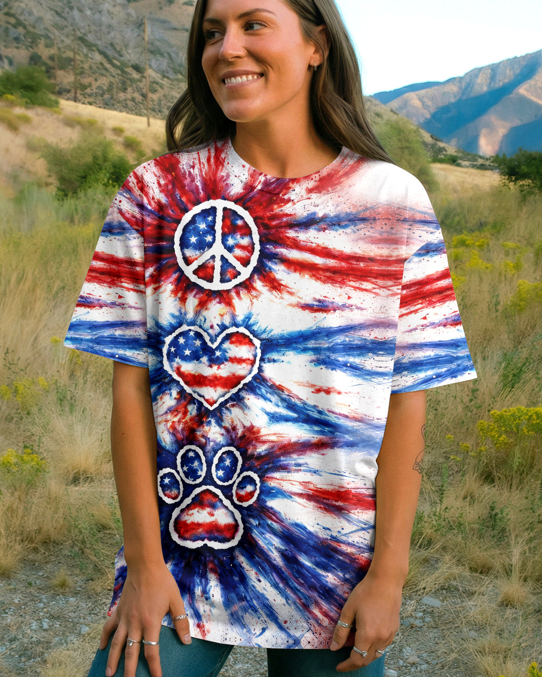 PEACE LOVE PAW PRINT RED WHITE & BLUE ALL OVER PRINT - TLHG3003263