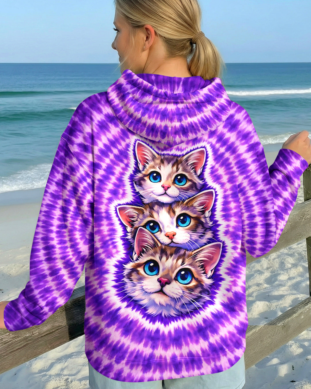 THREE CAT FACE PURPLE SWIRL ALL OVER PRINT - TLHG1703263