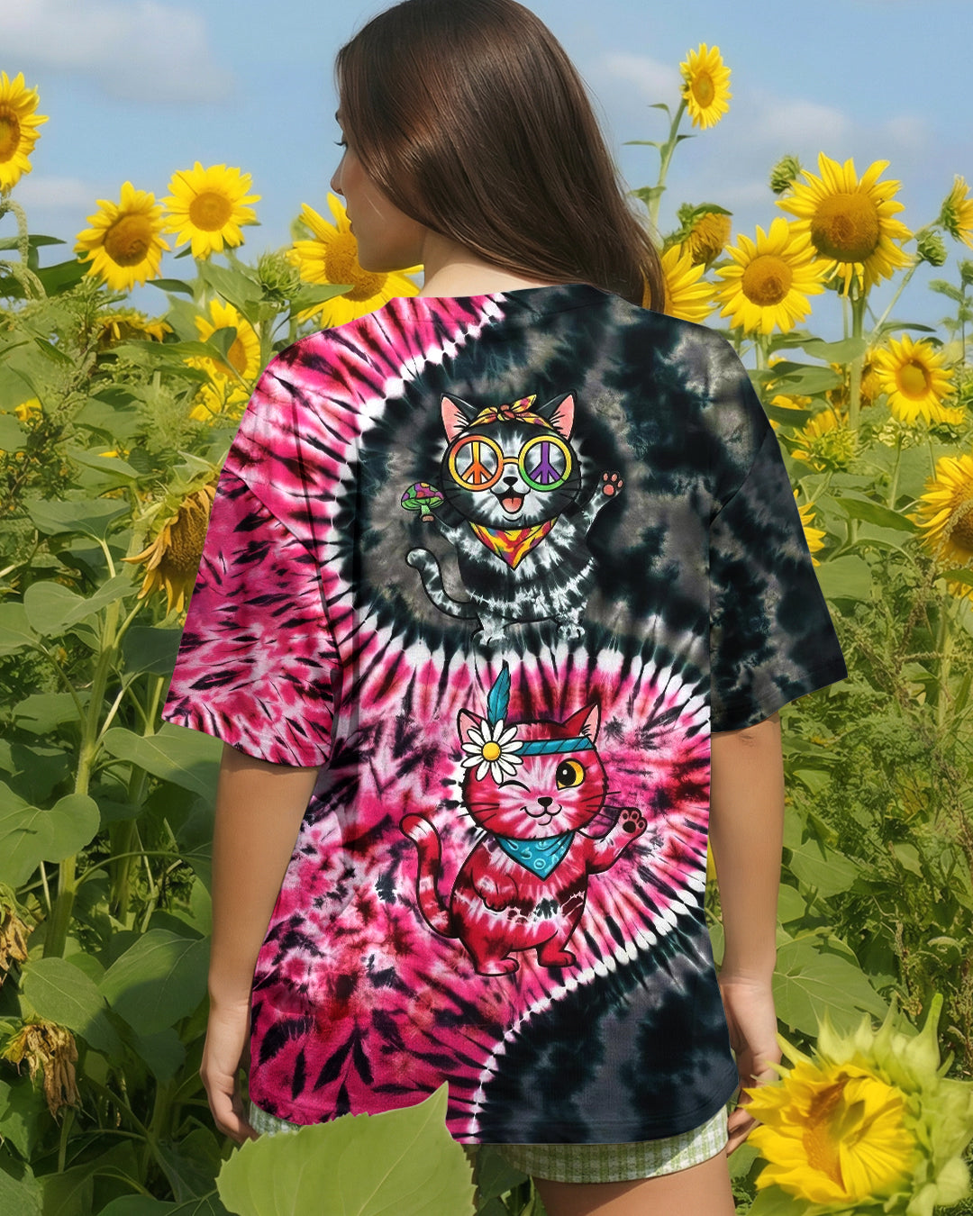 BLACK PINK PRISMATIC CATS ALL OVER PRINT - YHHG2301262