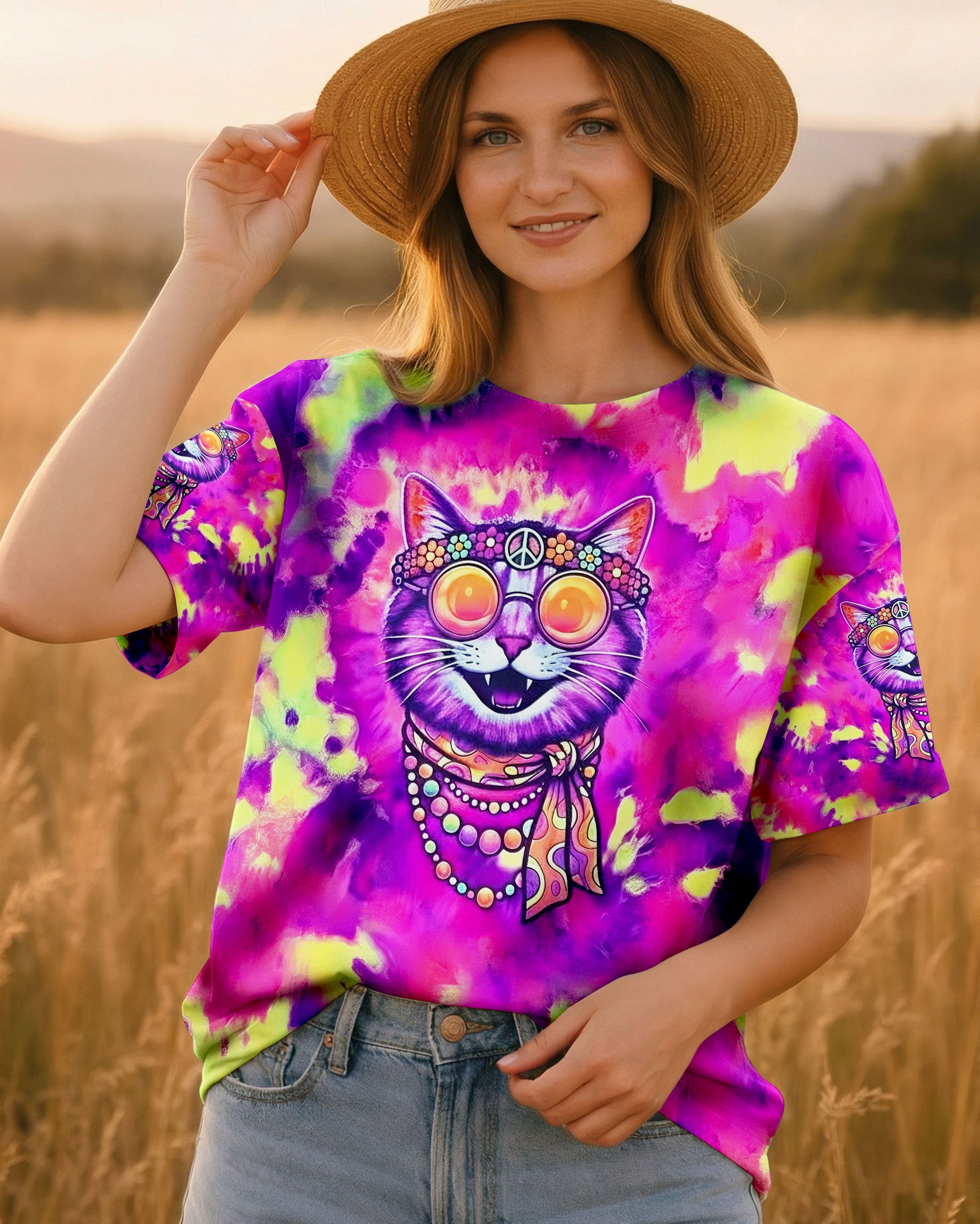 RADIANT NEON FUNNY HAPPY CAT ALL OVER PRINT - YHLN2101262