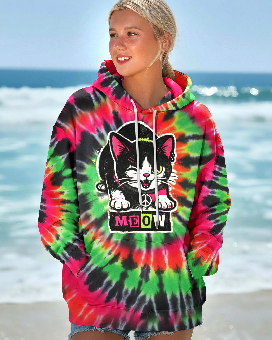CAT MEOW PINK GREEN SWIRL ALL OVER PRINT - YHHG2901261