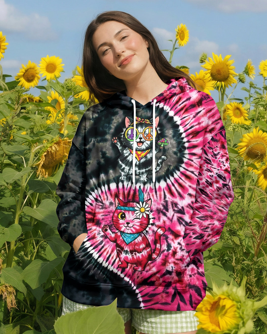 BLACK PINK PRISMATIC CATS ALL OVER PRINT - YHHG2301262