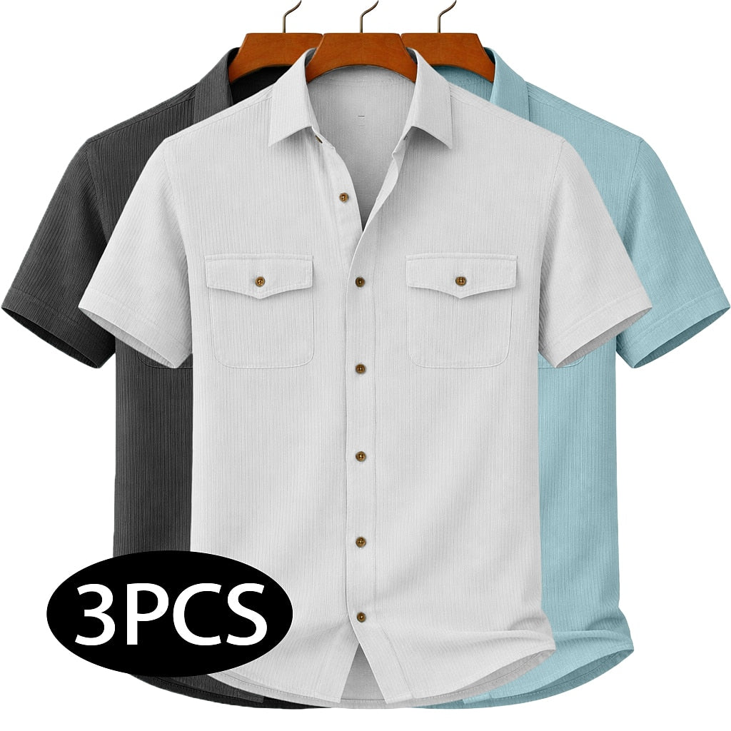 3-Pack Men's Corduroy Work Shirts - Black+White+Light Blue XL