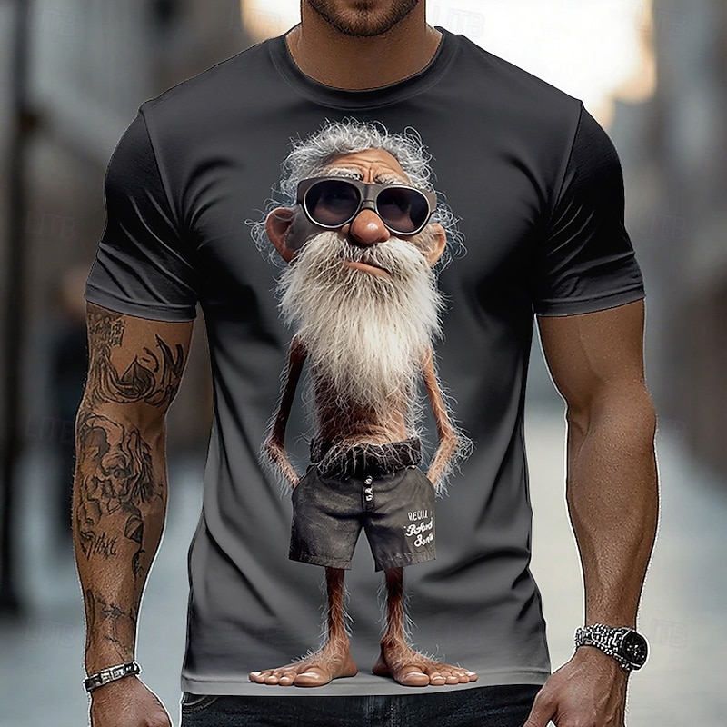 Funny 3D Graphic Cool Old Man with White Beard & Sunglasses Men's Teal T-Shirt - Quirky Grandpa Caricature Design Short Sleeve Crew Neck Summer Beach Holiday Tee - Unique Father's Day Gift Apparel