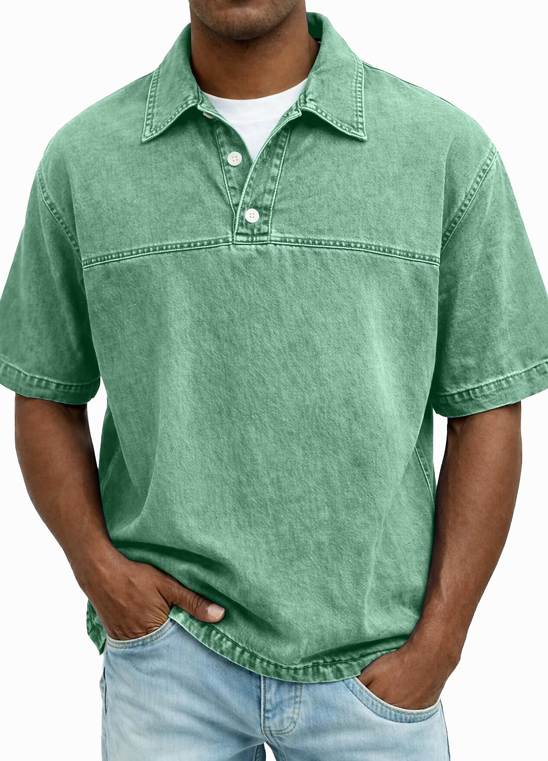 Acid Wash 100% Cotton Polo Shirt - Light Green 2XL