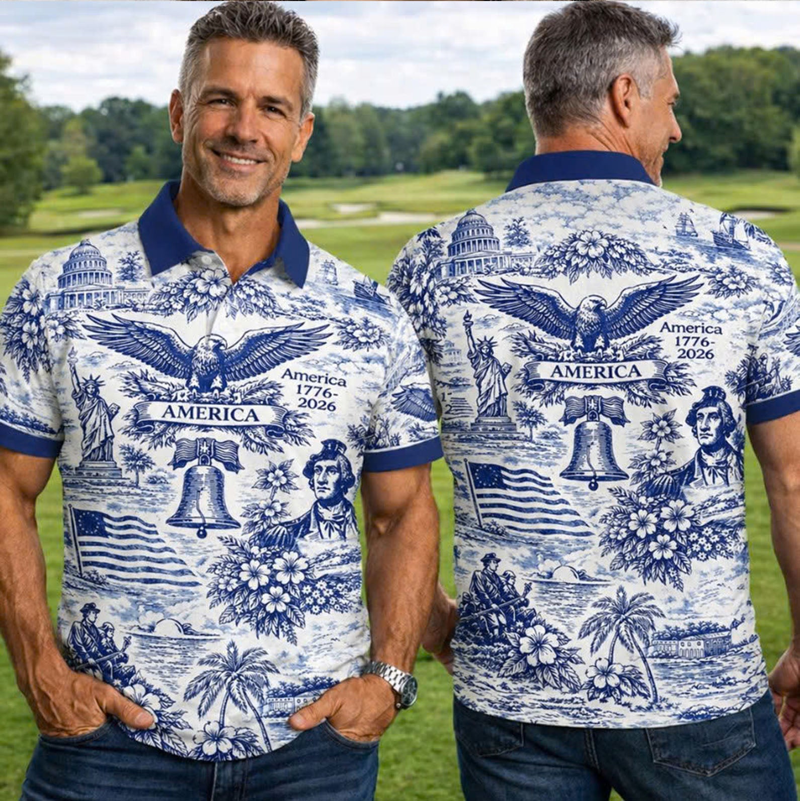 250 Years of America 1776-2026 Polo Shirt, Vintage Patriotic All-Over Print Polo, 4th of July USA Shirt