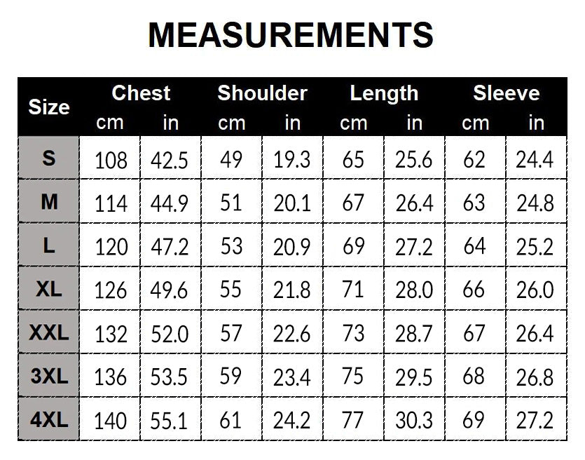 Provided size chart S through 4XL with chest, shoulder, length and sleeve measurements in cm and inches