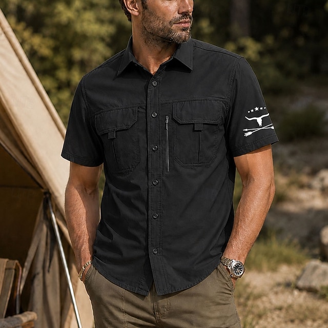Men's American US Flag Eagle Fishing Shirts Cargo Shirt Utility Shirt Short Sleeve Patriotic Outdoor Holiday Spring & Summer Shirt Collar Quick Dry Mesh Black Light Green Army Green Navy Blue Brown ...