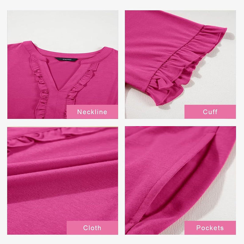 🔥🌈2026 Summer Hot Sale 60% OFF🌈Women's V Neck Ruffle Casual A-Line Flowy Swing Shift Dress