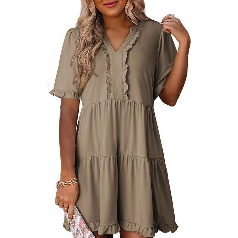 🔥🌈2026 Summer Hot Sale 60% OFF🌈Women's V Neck Ruffle Casual A-Line Flowy Swing Shift Dress