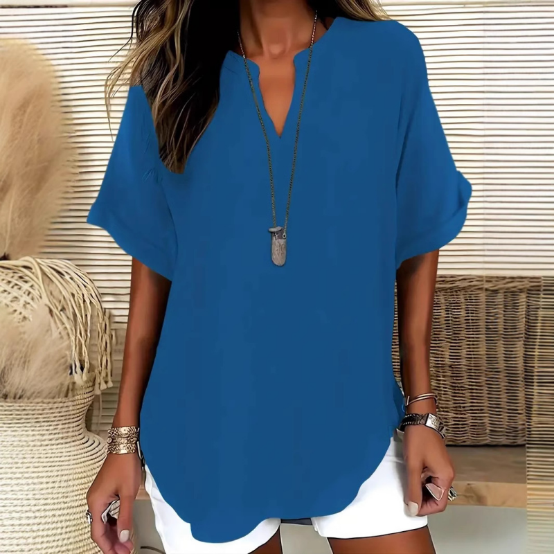 👚50% OFF! 🔥Fashion Loose Short Sleeve Top – Notched V-Neck, Asymmetrical Hem & Lightweight Fabric (5 Colors, S–2XL) 👕🌸