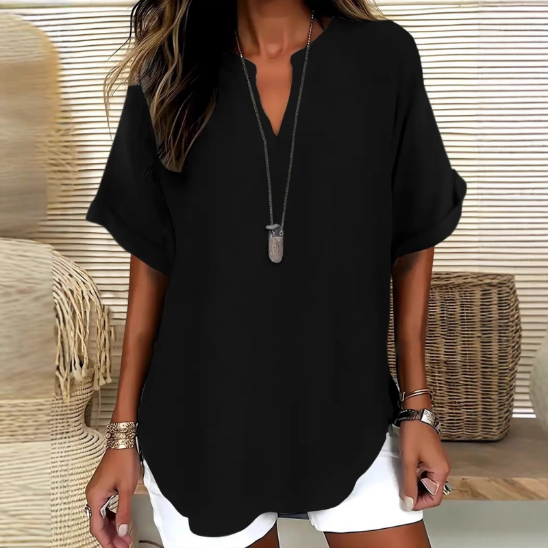 👚50% OFF! 🔥Fashion Loose Short Sleeve Top – Notched V-Neck, Asymmetrical Hem & Lightweight Fabric (5 Colors, S–2XL) 👕🌸