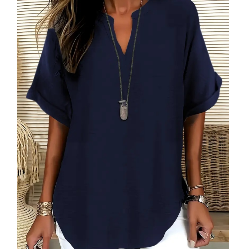 👚50% OFF! 🔥Fashion Loose Short Sleeve Top – Notched V-Neck, Asymmetrical Hem & Lightweight Fabric (5 Colors, S–2XL) 👕🌸