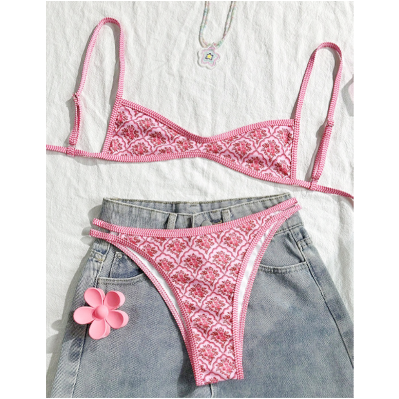 Boho Tile Print Backless Bikini Swimwear